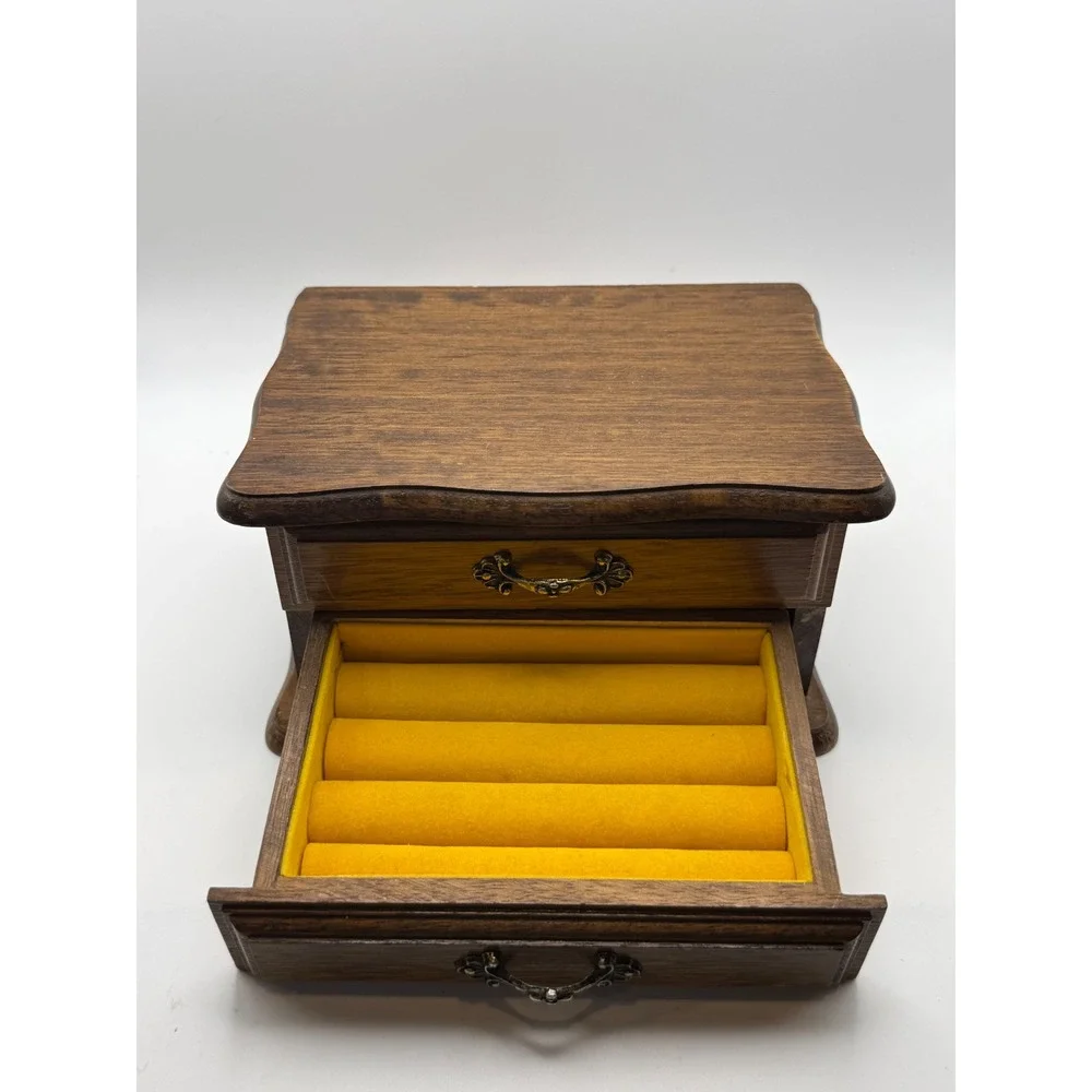 Centurion Vintage Wooden Jewelry‎ Box Mirror Mustard Yellow Velvet Ring Drawer